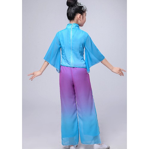 Girls kids chinese folk dance costumes umbrella fan dance dress blue with purple hanfu fairy ancient traditional drama cosplay dresses